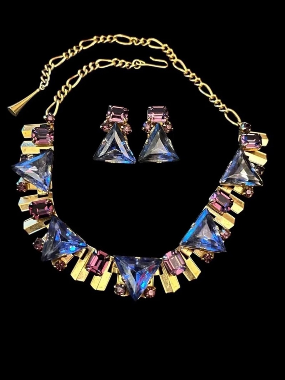 Vintage Gold Tone Necklace Earring Set with Purple Rhinestone Crystal